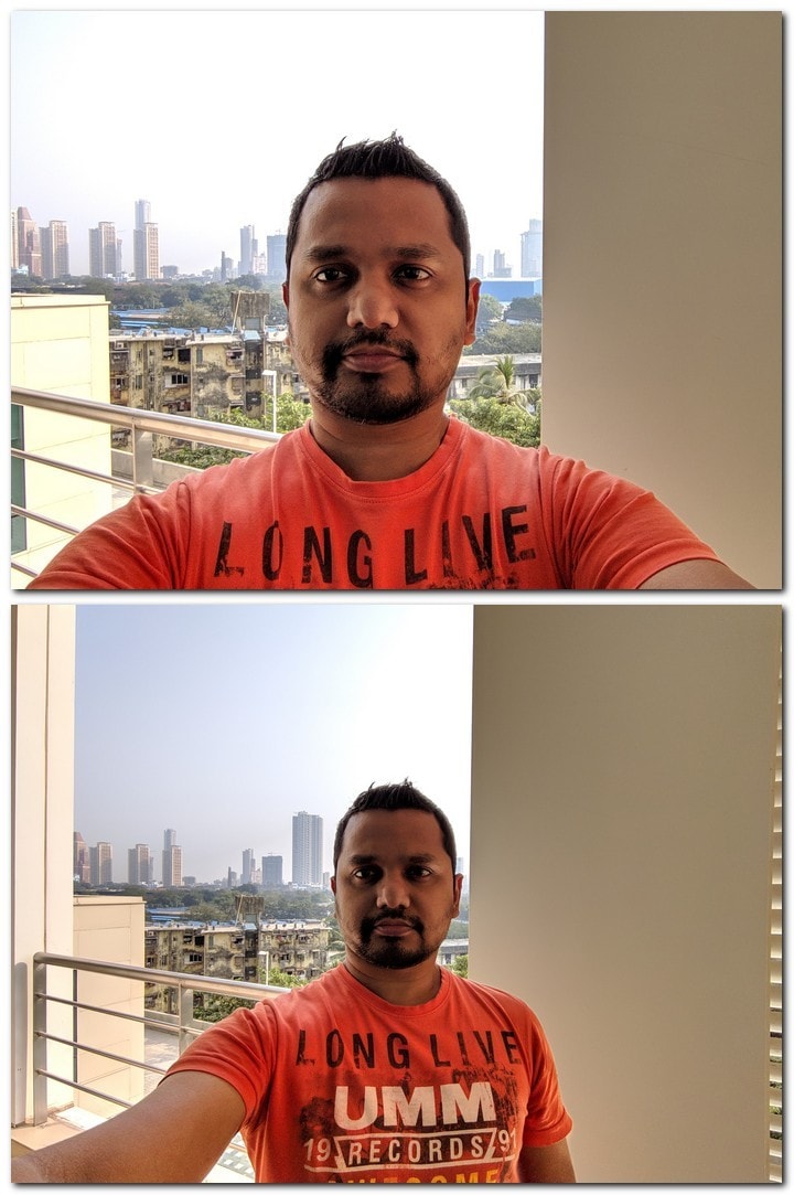 Standard selfie (top) vs wide-angle selfie (bottom). There's a huge difference between the two! Image: tech2